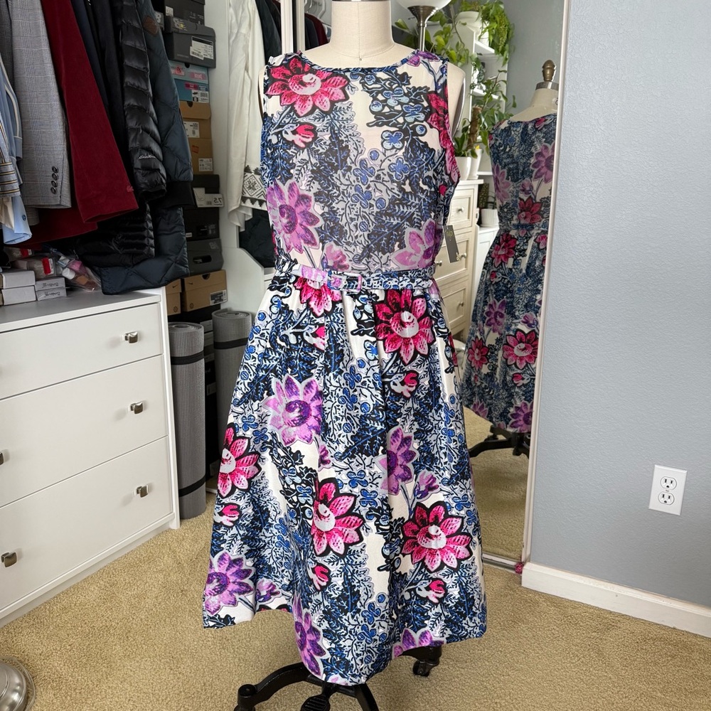 Floral Sleeveless Dress with Pink and Blue Accents